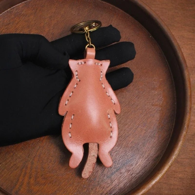 Gentleman Cat Leather Bag Charm – Handmade Full - Grain Leather Pendant | Vintage Bow - Tie Kitty Keychain | Cute & Quirky Gift for Her - Tomlynam