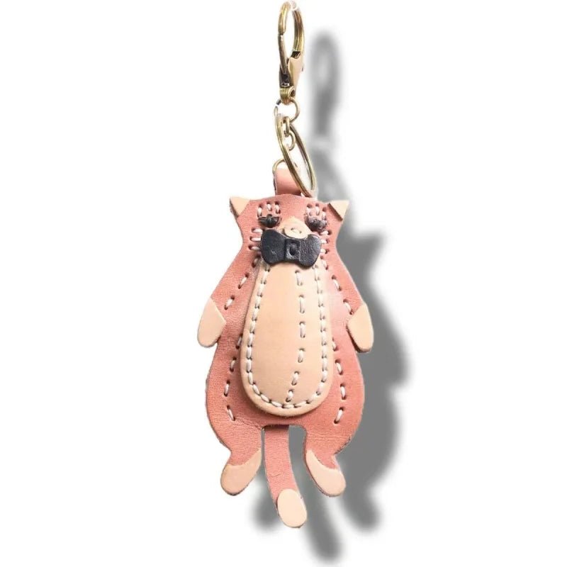 Gentleman Cat Leather Bag Charm – Handmade Full - Grain Leather Pendant | Vintage Bow - Tie Kitty Keychain | Cute & Quirky Gift for Her - Tomlynam