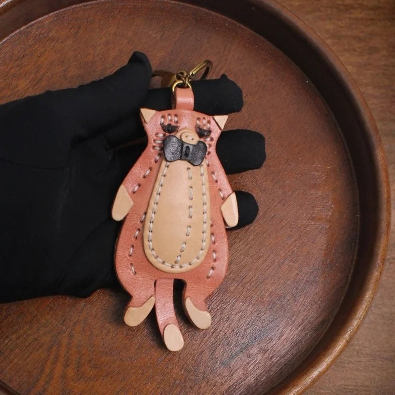 Gentleman Cat Leather Bag Charm – Handmade Full - Grain Leather Pendant | Vintage Bow - Tie Kitty Keychain | Cute & Quirky Gift for Her - Tomlynam