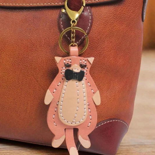 Gentleman Cat Leather Bag Charm – Handmade Full - Grain Leather Pendant | Vintage Bow - Tie Kitty Keychain | Cute & Quirky Gift for Her - Tomlynam