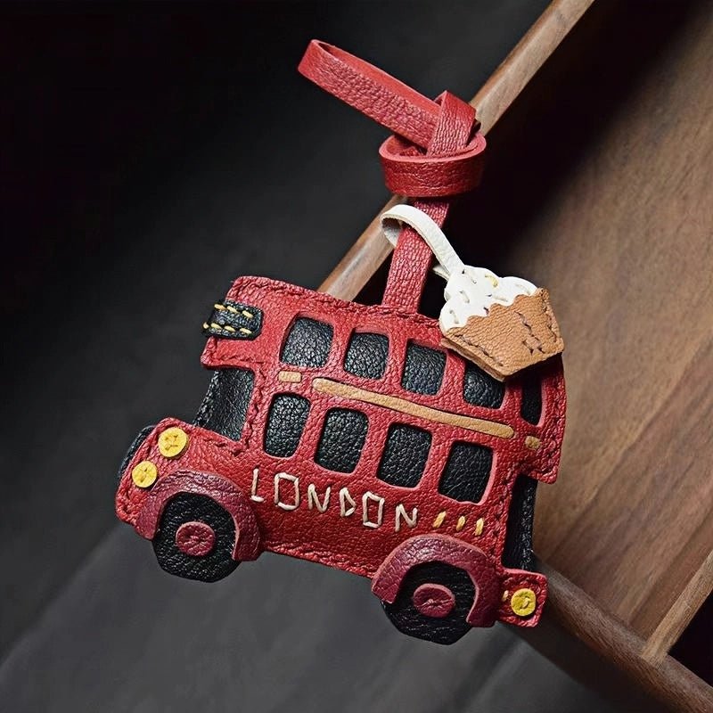 Genuine Leather London Red Bus Charm – Iconic British Design, Handcrafted Vintage Keychain for Bags and Accessories - Tomlynam