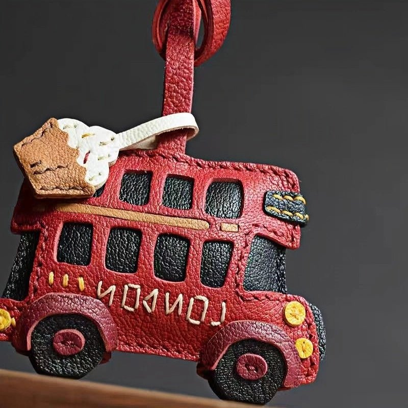 Genuine Leather London Red Bus Charm – Iconic British Design, Handcrafted Vintage Keychain for Bags and Accessories - Tomlynam