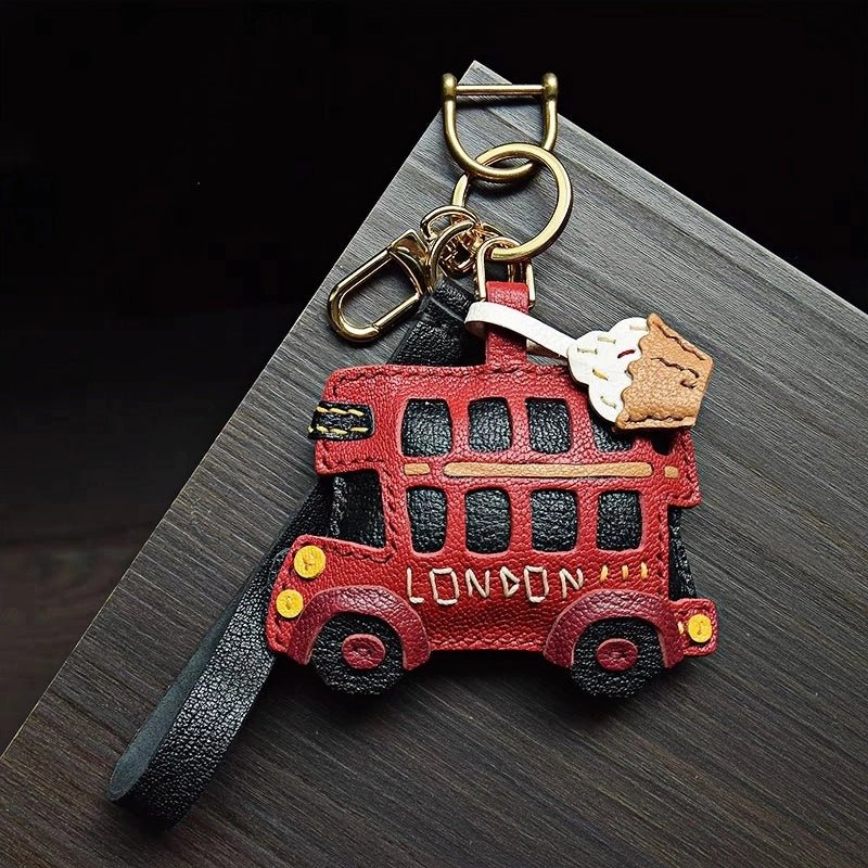 Genuine Leather London Red Bus Charm – Iconic British Design, Handcrafted Vintage Keychain for Bags and Accessories - Tomlynam