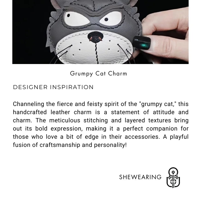 Grumpy Cat Leather Charm – Handmade Full - Grain Goatskin Bag and Key Accessory, Unique Gift for Cat Lovers - Tomlynam