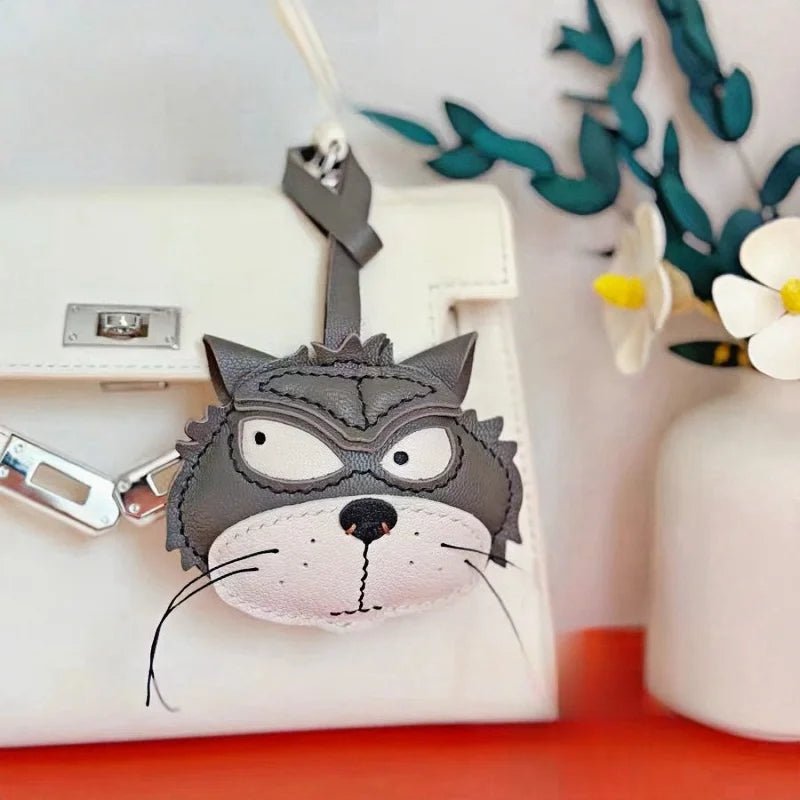 Grumpy Cat Leather Charm – Handmade Full - Grain Goatskin Bag and Key Accessory, Unique Gift for Cat Lovers - Tomlynam