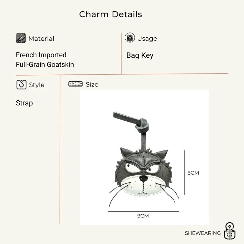 Grumpy Cat Leather Charm – Handmade Full - Grain Goatskin Bag and Key Accessory, Unique Gift for Cat Lovers - Tomlynam