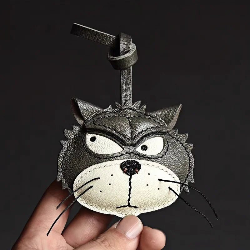 Grumpy Cat Leather Charm – Handmade Full - Grain Goatskin Bag and Key Accessory, Unique Gift for Cat Lovers - Tomlynam