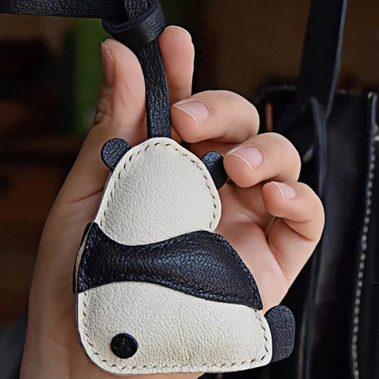 Hand - Stitched Panda Leather Bag Charm – Full - Grain Cowhide Keychain, Minimalist Black - and - White Design, Whimsical Gift for Her - Tomlynam