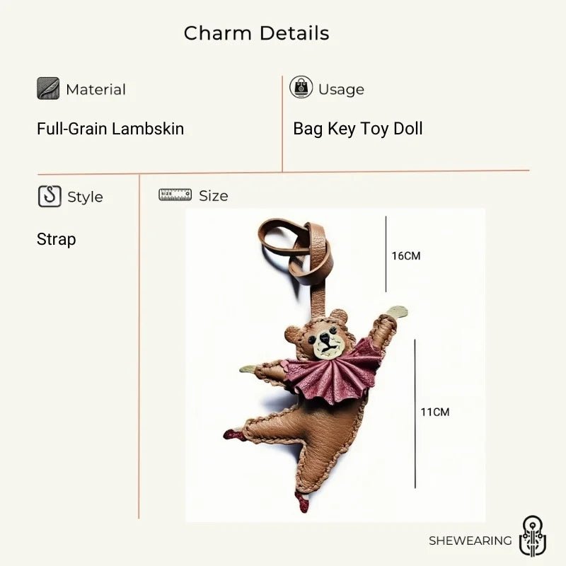 Handcrafted Ballet Bear Bag Charm – Full - Grain Lambskin, Elegant & Playful, Perfect Gift for Her - Tomlynam