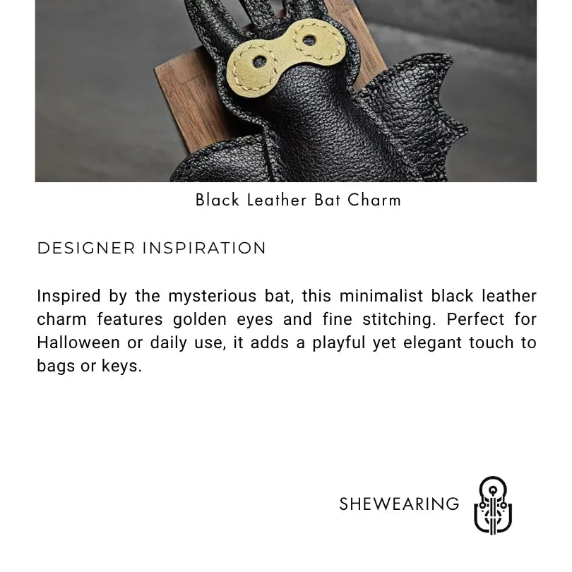 Handcrafted Black Leather Bat Charm – Playful Halloween - Inspired Keychain and Bag Accessory - Tomlynam