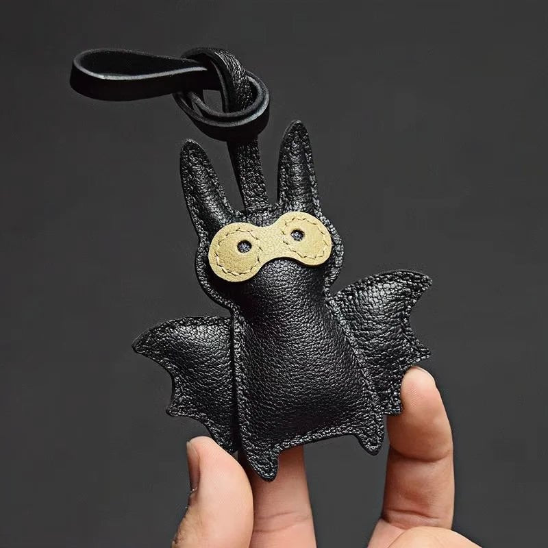 Handcrafted Black Leather Bat Charm – Playful Halloween - Inspired Keychain and Bag Accessory - Tomlynam
