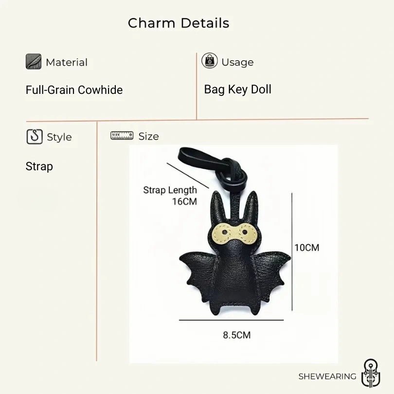 Handcrafted Black Leather Bat Charm – Playful Halloween - Inspired Keychain and Bag Accessory - Tomlynam
