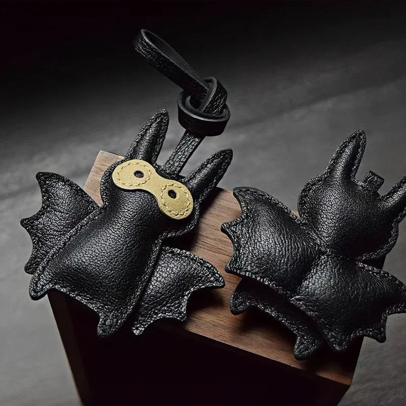 Handcrafted Black Leather Bat Charm – Playful Halloween - Inspired Keychain and Bag Accessory - Tomlynam