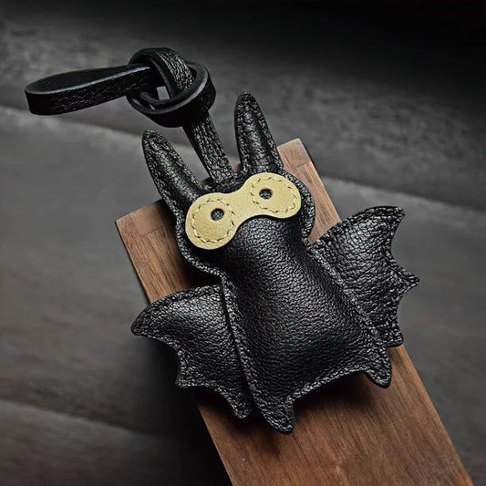 Handcrafted Black Leather Bat Charm – Playful Halloween - Inspired Keychain and Bag Accessory - Tomlynam