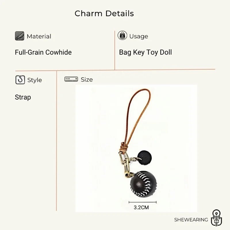 Handcrafted Leather Baseball Bag Charm – Genuine Cowhide, Keychain or Bag Accessory, Thoughtful Gift for Sports Lovers - Tomlynam