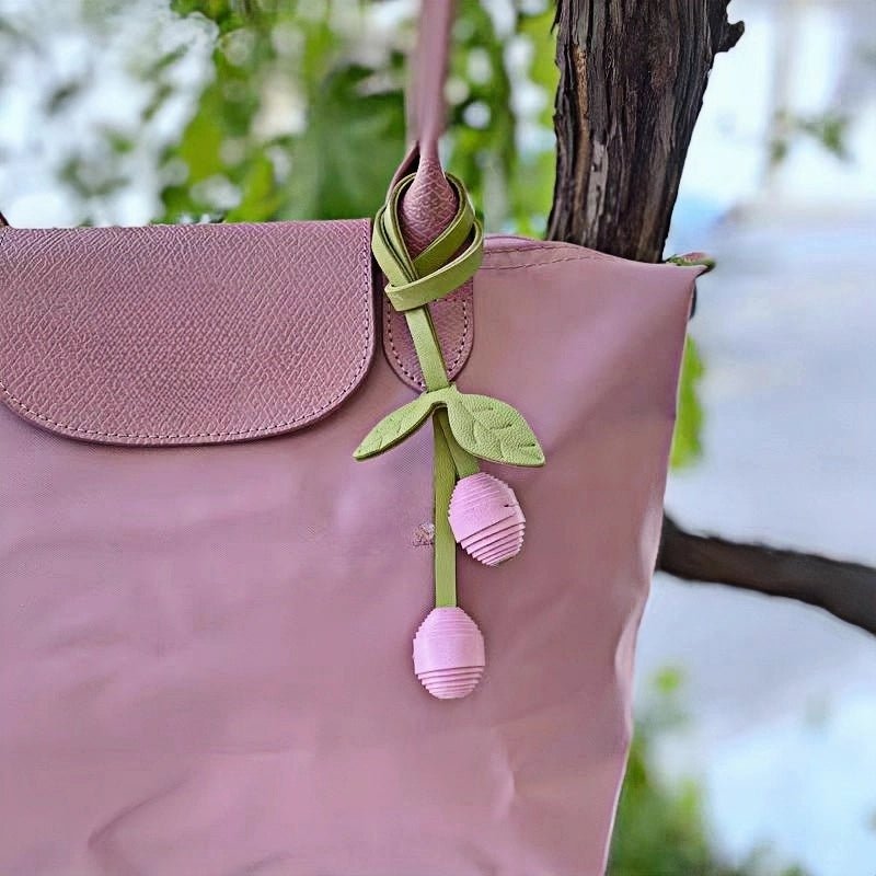 Handcrafted Leather Cherry Bag Charm – Full - Grain Cowhide, Nature - Inspired Design, Whimsical Accessory for Women, Elegant Gift Idea - Tomlynam