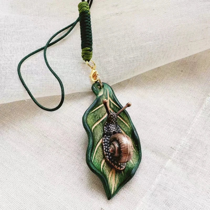 Handcrafted Leather Leaf & Bronze Snail Bag Charm – Unique Nature - Inspired Pendant | Artistic Handmade Accessory for Bags, Keys & Gifts - Tomlynam