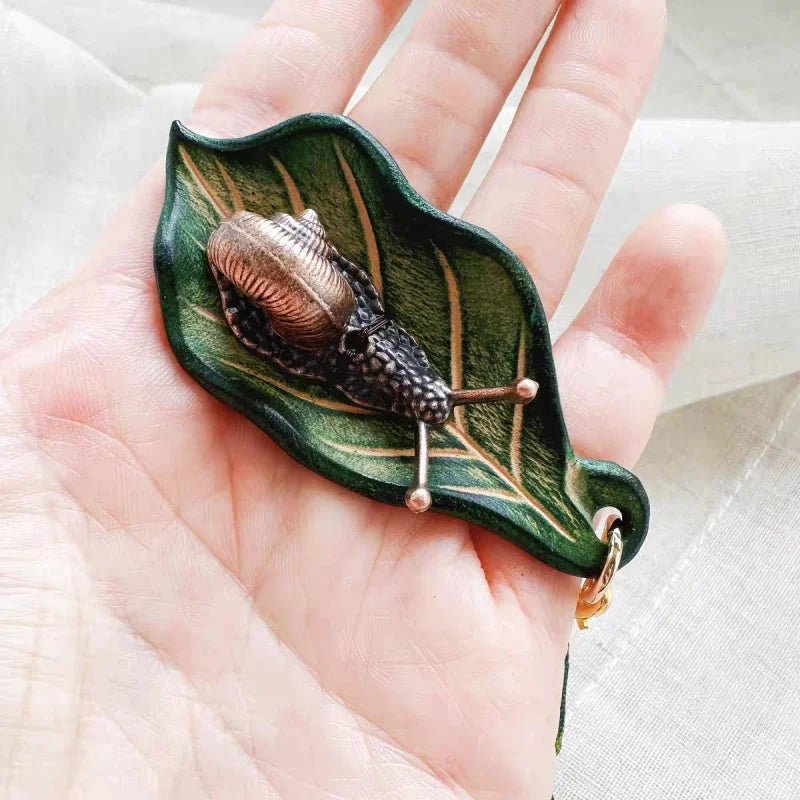 Handcrafted Leather Leaf & Bronze Snail Bag Charm – Unique Nature - Inspired Pendant | Artistic Handmade Accessory for Bags, Keys & Gifts - Tomlynam