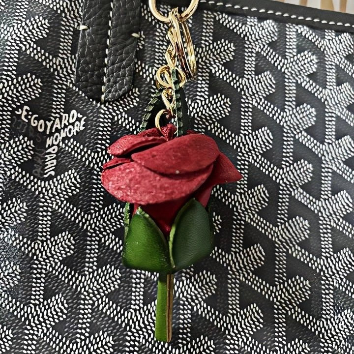 Handcrafted Nordic Rose Leather Bag Charm - Elegant Full - Grain Cowhide Flower Keychain and Bookmark for Bags - Tomlynam