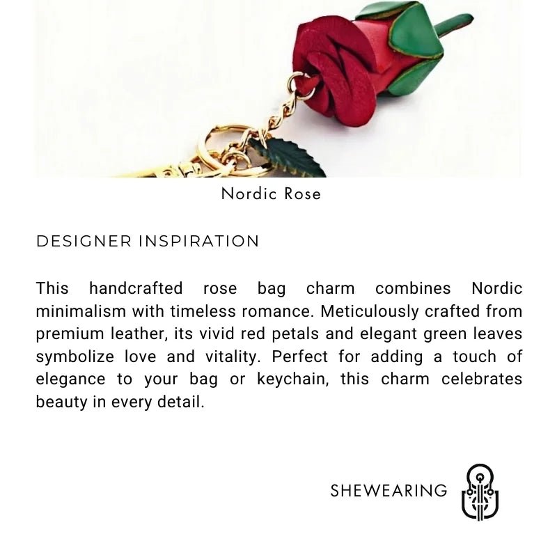 Handcrafted Nordic Rose Leather Bag Charm - Elegant Full - Grain Cowhide Flower Keychain and Bookmark for Bags - Tomlynam