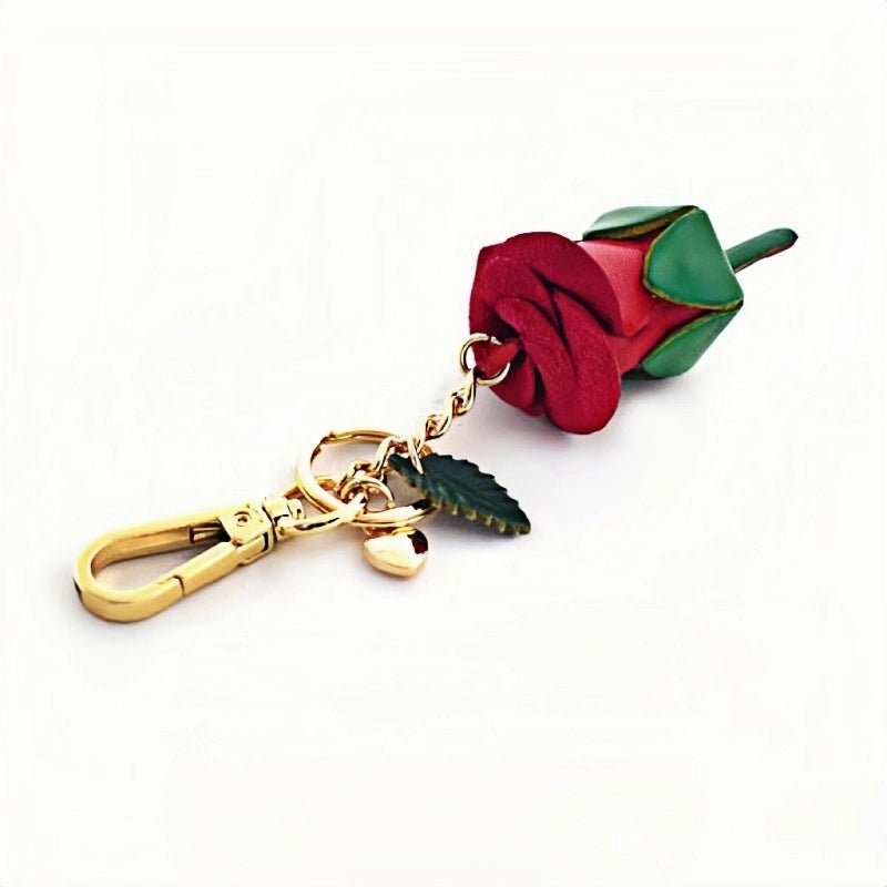 Handcrafted Nordic Rose Leather Bag Charm - Elegant Full - Grain Cowhide Flower Keychain and Bookmark for Bags - Tomlynam