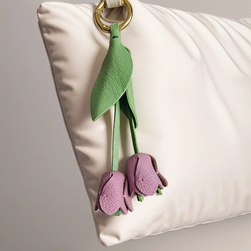 Handcrafted Pink Tulip Bag Charm in Premium French Lambskin – Elegant Floral Design for Bags and Keys, Artisan - Made Gift for Her - Tomlynam