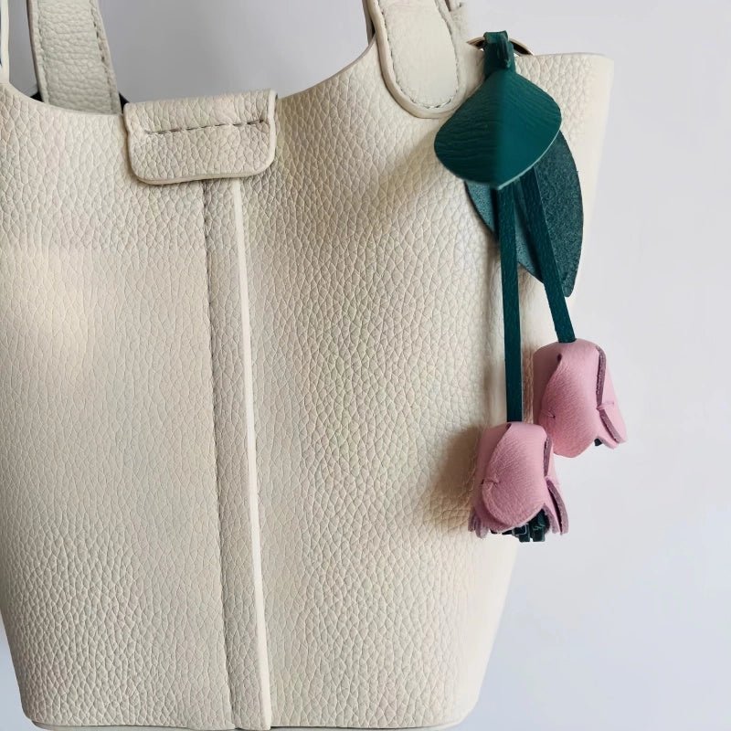 Handcrafted Pink Tulip Bag Charm in Premium French Lambskin – Elegant Floral Design for Bags and Keys, Artisan - Made Gift for Her - Tomlynam