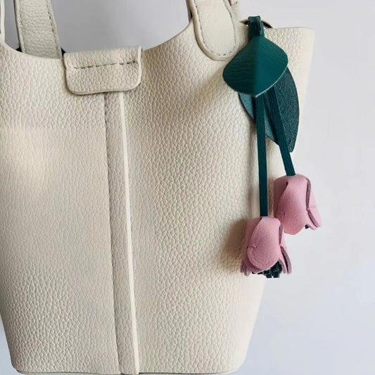Handcrafted Pink Tulip Bag Charm in Premium French Lambskin – Elegant Floral Design for Bags and Keys, Artisan - Made Gift for Her - Tomlynam
