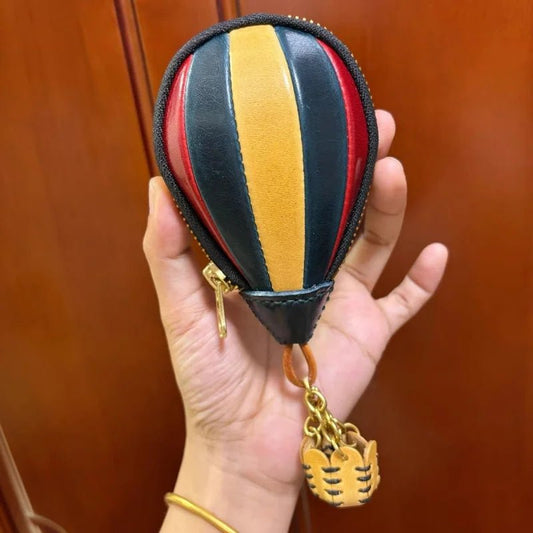 Hot Air Balloon Leather Bag Charm – Handmade Full - Grain Cowhide Keychain Pendant | Creative Zipper Pouch for Car & Purse Decoration - Tomlynam
