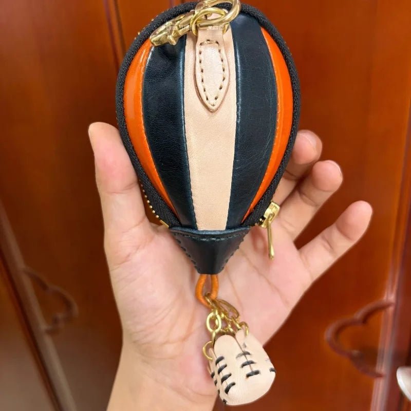 Hot Air Balloon Leather Bag Charm – Handmade Full - Grain Cowhide Keychain Pendant | Creative Zipper Pouch for Car & Purse Decoration - Tomlynam