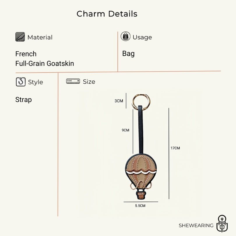 Hot Air Balloon Leather Bag Charm Premium French Goatskin Unique Handcrafted Gift - Tomlynam