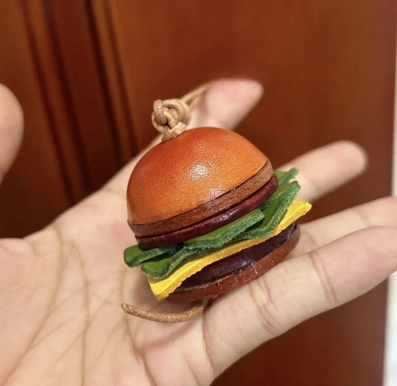 Mini Burger & Fries Leather Bag Charm Set – Handmade 3D Full - Grain Leather Accessories | Novelty Fast Food Pendant for Bags or Keys - Tomlynam