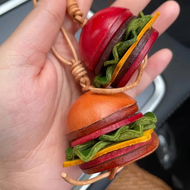 Mini Burger & Fries Leather Bag Charm Set – Handmade 3D Full - Grain Leather Accessories | Novelty Fast Food Pendant for Bags or Keys - Tomlynam