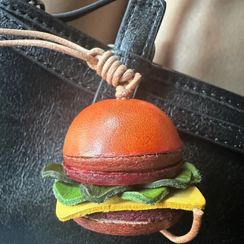 Mini Burger & Fries Leather Bag Charm Set – Handmade 3D Full - Grain Leather Accessories | Novelty Fast Food Pendant for Bags or Keys - Tomlynam