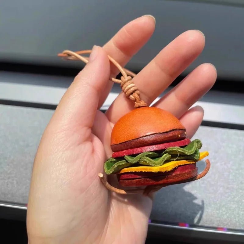 Mini Burger & Fries Leather Bag Charm Set – Handmade 3D Full - Grain Leather Accessories | Novelty Fast Food Pendant for Bags or Keys - Tomlynam
