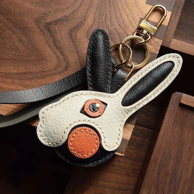 Modern Rabbit Leather Bag Charm – Handmade Two - Tone Bunny Keychain | Playful Minimalist Accessory | Cute Gift for Women - Tomlynam