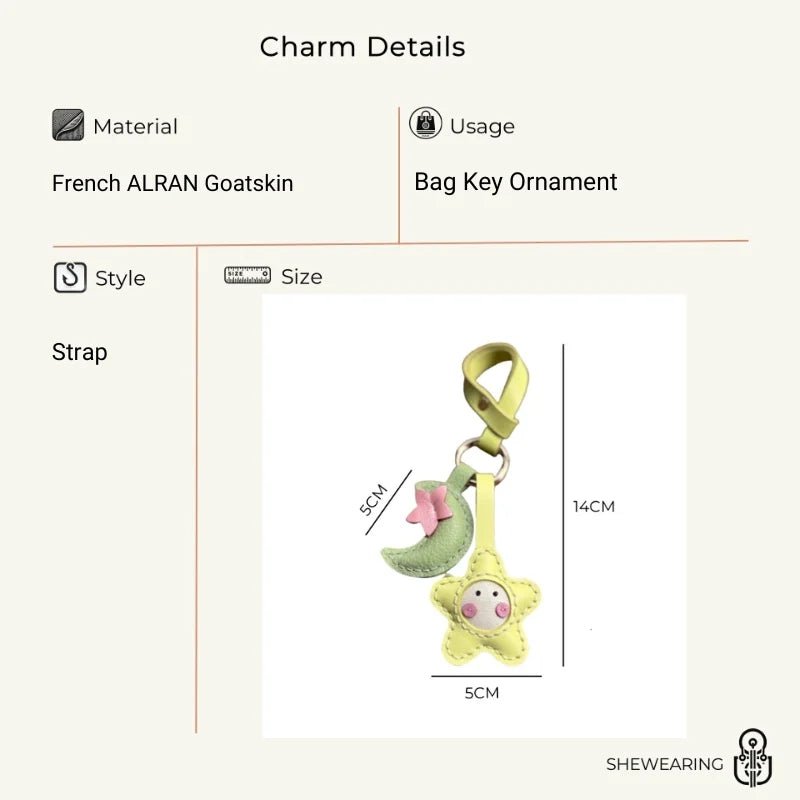 Moon & Star Leather Charm – Handmade Full - Grain Keychain Pendant | Cute Car or Bag Accessory | Hand - Stitched Celestial Design - Tomlynam