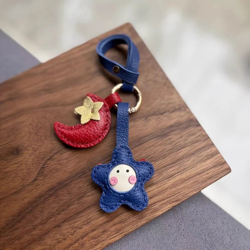 Moon & Star Leather Charm – Handmade Full - Grain Keychain Pendant | Cute Car or Bag Accessory | Hand - Stitched Celestial Design - Tomlynam
