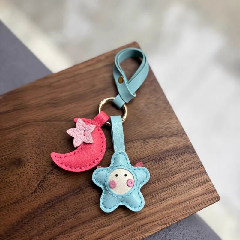 Moon & Star Leather Charm – Handmade Full - Grain Keychain Pendant | Cute Car or Bag Accessory | Hand - Stitched Celestial Design - Tomlynam