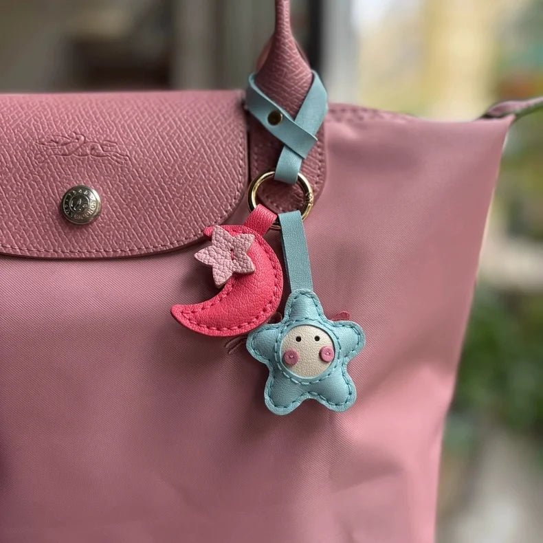 Moon & Star Leather Charm – Handmade Full - Grain Keychain Pendant | Cute Car or Bag Accessory | Hand - Stitched Celestial Design - Tomlynam