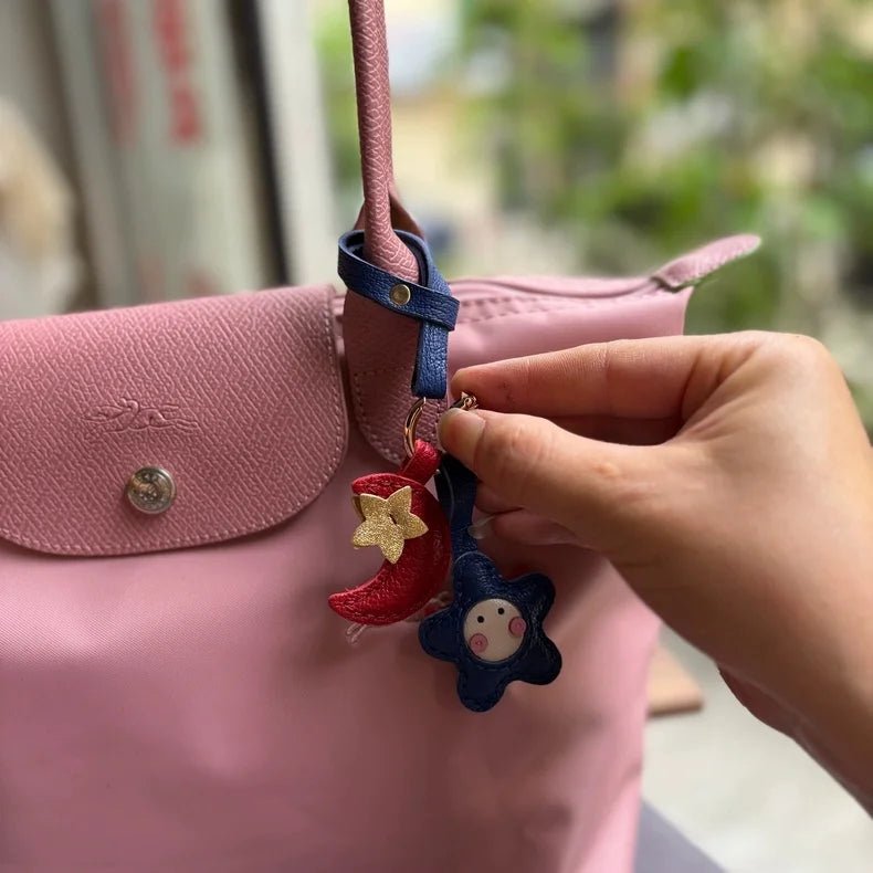 Moon & Star Leather Charm – Handmade Full - Grain Keychain Pendant | Cute Car or Bag Accessory | Hand - Stitched Celestial Design - Tomlynam