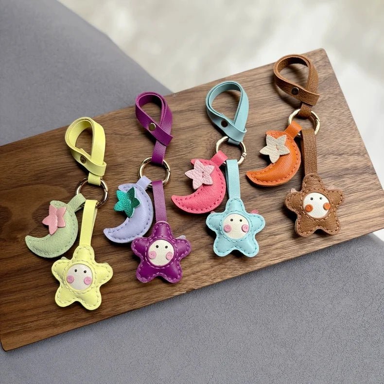 Moon & Star Leather Charm – Handmade Full - Grain Keychain Pendant | Cute Car or Bag Accessory | Hand - Stitched Celestial Design - Tomlynam