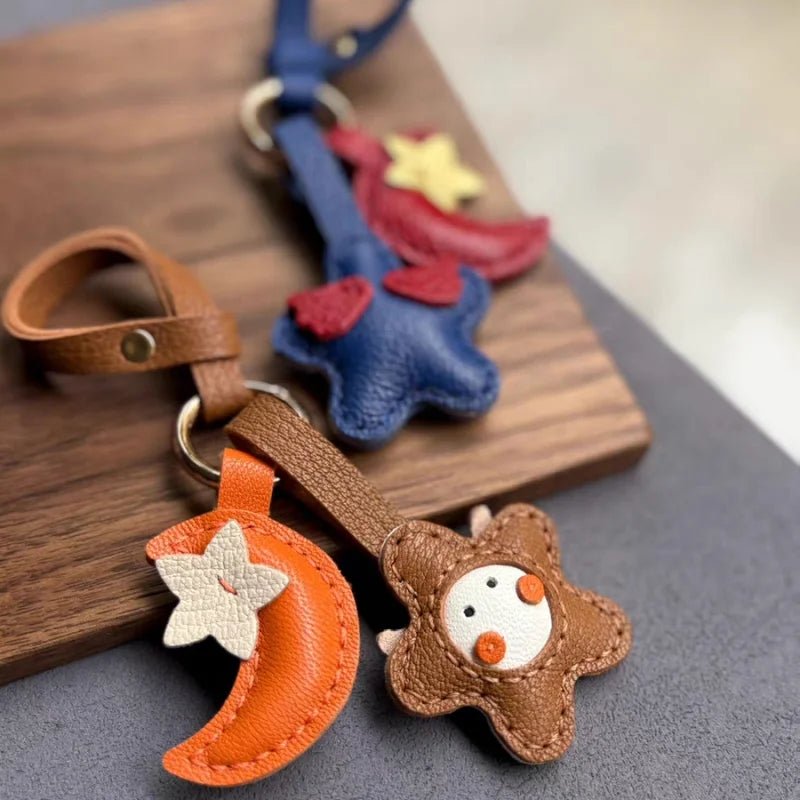 Moon & Star Leather Charm – Handmade Full - Grain Keychain Pendant | Cute Car or Bag Accessory | Hand - Stitched Celestial Design - Tomlynam