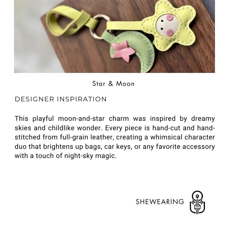 Moon & Star Leather Charm – Handmade Full - Grain Keychain Pendant | Cute Car or Bag Accessory | Hand - Stitched Celestial Design - Tomlynam