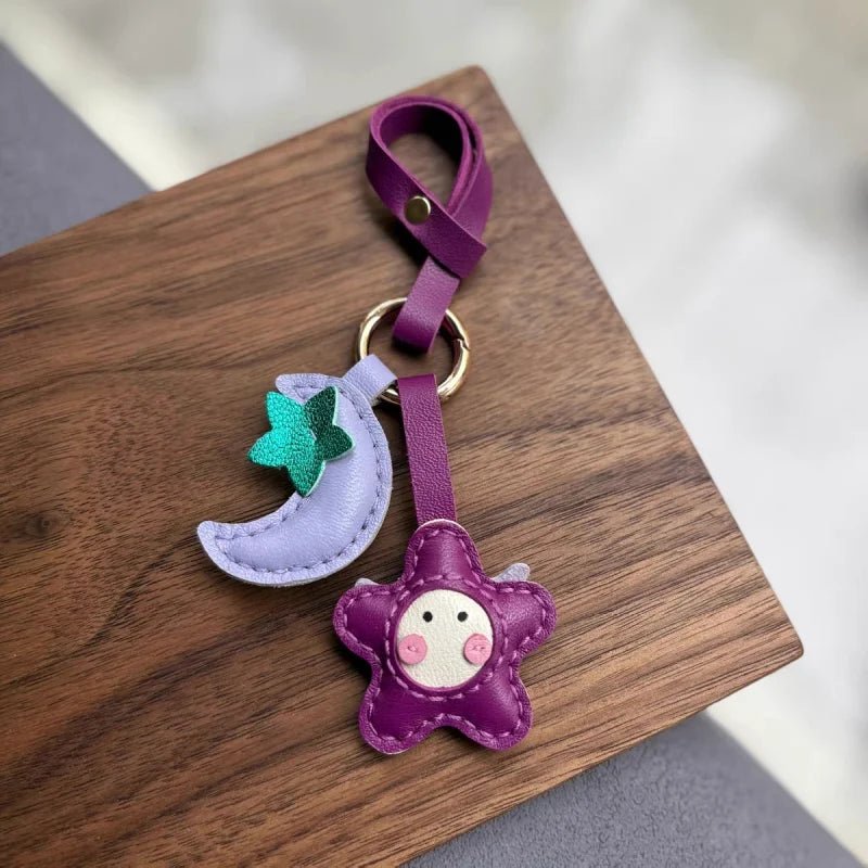 Moon & Star Leather Charm – Handmade Full - Grain Keychain Pendant | Cute Car or Bag Accessory | Hand - Stitched Celestial Design - Tomlynam