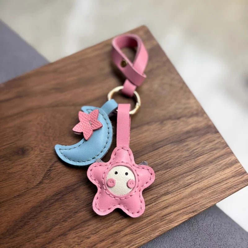Moon & Star Leather Charm – Handmade Full - Grain Keychain Pendant | Cute Car or Bag Accessory | Hand - Stitched Celestial Design - Tomlynam