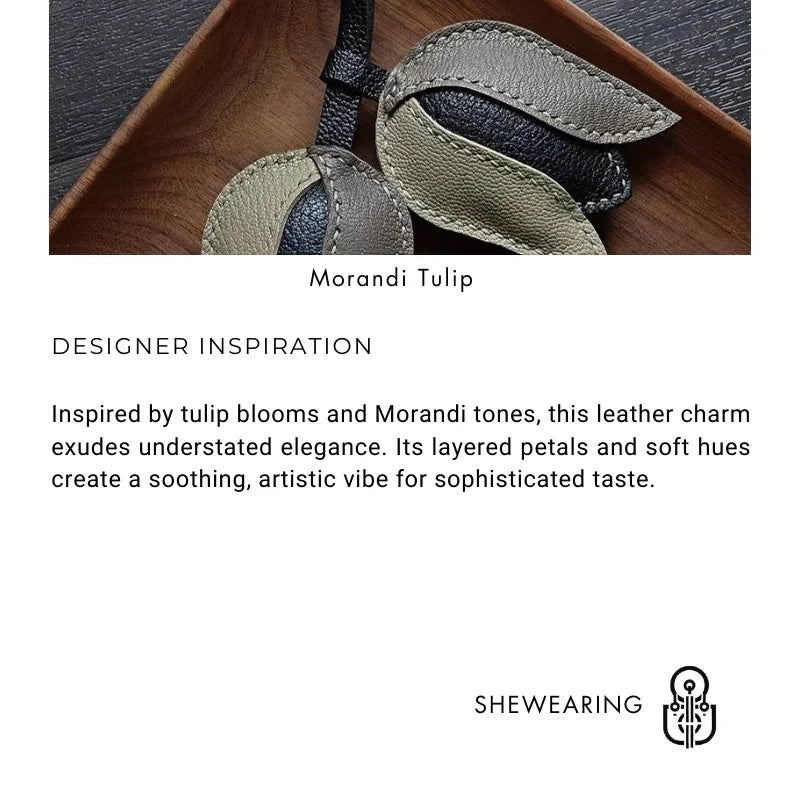 Morandi Tulip – Original Handcrafted Leather Bag Charm, Minimalist Design, French Goatskin Keychain, Elegant Gift for Her - Tomlynam