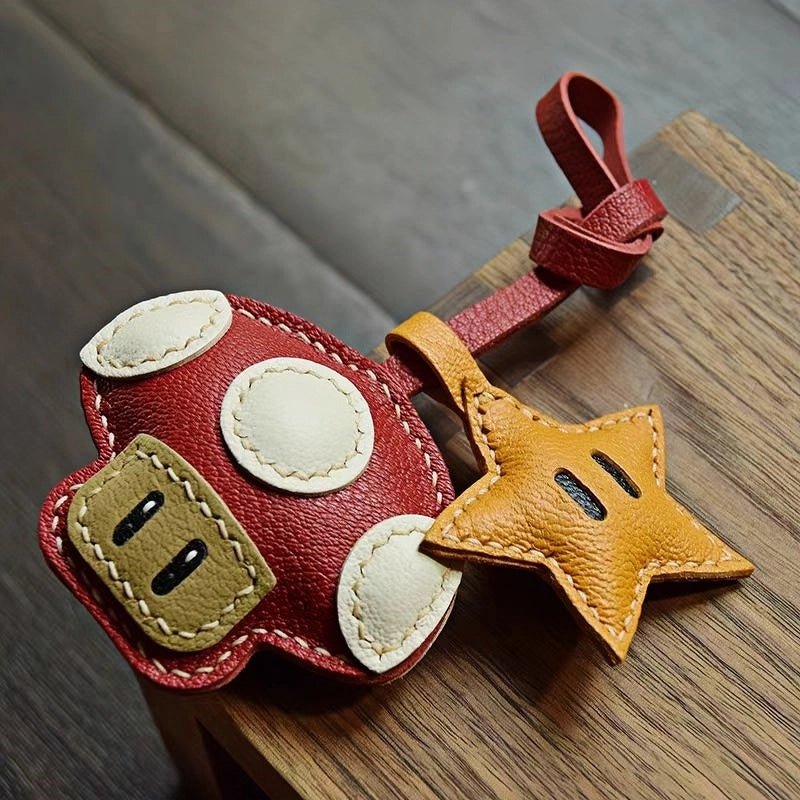 Mushroom & Star Handcrafted Leather Bag Charm – Whimsical Design, Full - Grain Goatskin, Playful Accessory for Bags or Keys, Perfect Gift for Her - Tomlynam