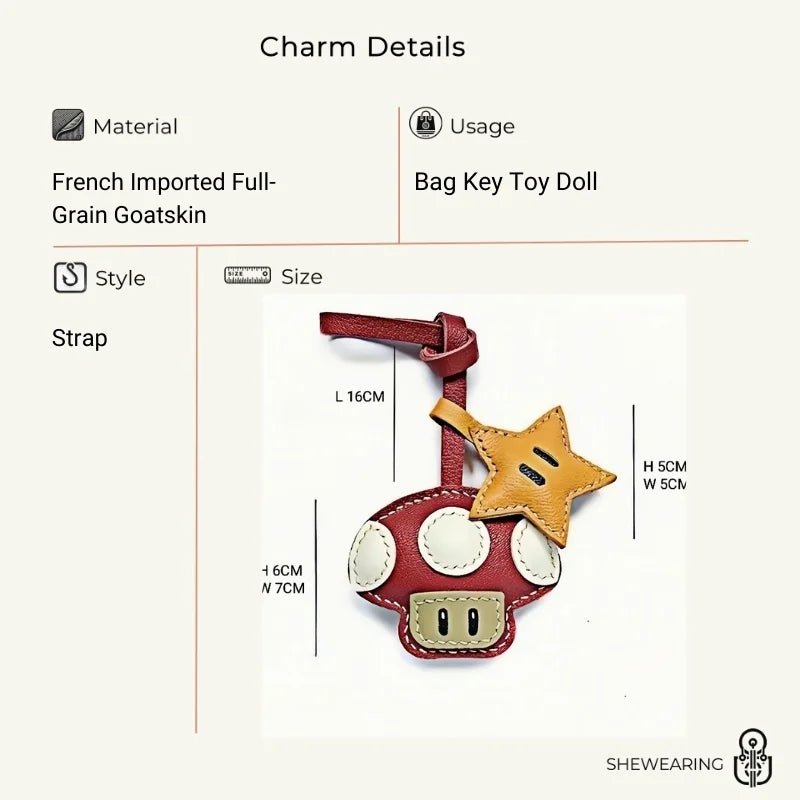 Mushroom & Star Handcrafted Leather Bag Charm – Whimsical Design, Full - Grain Goatskin, Playful Accessory for Bags or Keys, Perfect Gift for Her - Tomlynam