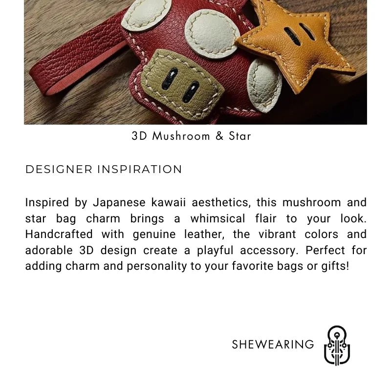 Mushroom & Star Handcrafted Leather Bag Charm – Whimsical Design, Full - Grain Goatskin, Playful Accessory for Bags or Keys, Perfect Gift for Her - Tomlynam